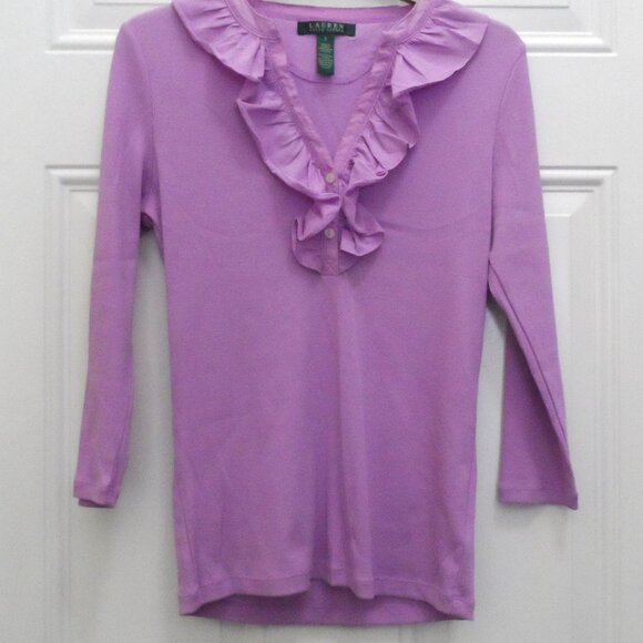 Ralph Lauren- ruffle collar  3/4 sleeve light purple blouse shirt sz., S - Picture 9 of 9